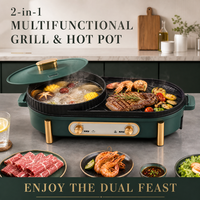 Grill électrique et hot pot 2-en-1 à commande double indépendante, poêle multifonctionnelle pour barbecue d'intérieur pour dîner en famille