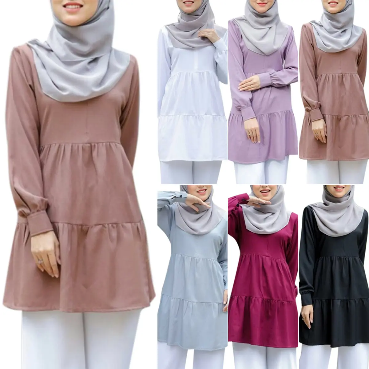 Einfache Art Langarm muslimische Tunika Tops Damen Tops Bluse islamische Kleidung für bescheidene muslimah Malaysia Bluse