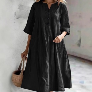 Vestido de Algodón y Lino de Media Longitud para Mujer Estilo Europeo Americano con Cuello en V Manga Media y Bolsillo de Tres Botones Holgado Casual de Verano en Color Sólido - Product Image 4