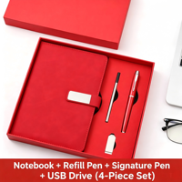 Ensemble d'affaires rouge 4 pièces : Carnet A5 personnalisé avec logo, stylo, recharge et clé USB
