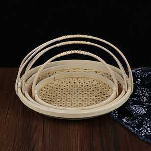 <b>Bamboo</b> Woven Round Basket With Hollow Handle Handmade Fruit Vegetable Storage <b>Container</b> For Home Hotel Use - Product Image 1