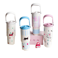 Vaso Térmico de Acero Inoxidable con Diseño de Dibujos Animados, Antiderrames, Gran Capacidad de 900 ml, Asa Portátil, Pajita Metálica, para Viajes