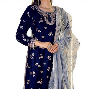 Conjunto Salwar de Diseño en Terciopelo Azul Marino y Seda con Dupatta, Bordado Intenso, de Secado Rápido, Corte Regular, para Todas las Estaciones, Traje Étnico para Fiestas - Product Image 2