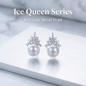 Boucles d'oreilles clous en perles de culture d'eau douce naturelles blanches de qualité AAAAAA 8-9 mm, collection Ice <span class=keywords><strong>Queen</strong></span> en argent sterling 925, modèle 2026 de luxe - Product Image 6