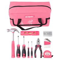 Kit d'outils ménagers en acier au carbone de 18 pièces, ensemble rose, boîte à outils familiale, marteau, clé à molette, tournevis, pinces, ruban à mesurer, clés hexagonales