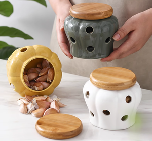 White Ceramic <strong>Garlic</strong> Keeper Kitchen Storage Container <strong>Garlic</strong> <strong>Jar</strong> with Bamboo Wood Lid - Product Image 6