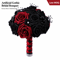 Bouquet de mariée artificiel gothique pour Halloween avec roses en satin noir et décorations en strass, idéal pour mariage, cosplay, fête, photo, fleur artificielle