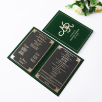 Invitations de mariage en velours vert foncé avec cartes de menu, cartes en papier noir à l'intérieur, texte en estampage à chaud