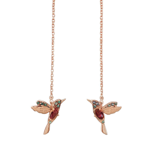 Boucles d'oreilles pendantes colibris plaquées or rose avec pierre précieuse bleue, design animal, pour femme, bijoux de fête, style romantique - Product Image 1