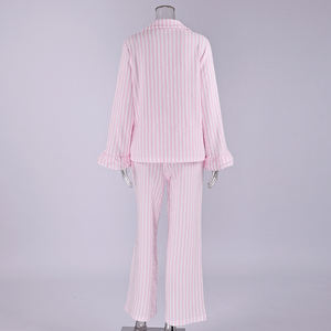 ชุดนอนผู้หญิง QINSI แบบสองชิ้น แขนยาว กางเกงขายาว ชุดลำลอง แต่งระบาย ลายทางสีชมพู ผ้าฝ้าย - Product Image 5