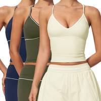 Soutien-gorge de sport long pour femme FBX9615, doux et brossé, à col halter en V, avec bordure contrastante, dos en Y et fines bretelles spaghetti, coupe ajustée, pour le yoga et l'entraînement