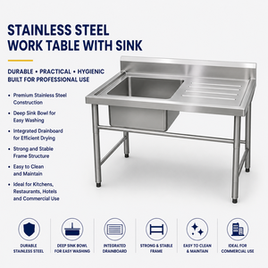 Table de travail en acier inoxydable personnalisable avec évier simple et pare-éclaboussures pour usage commercial dans les restaurants, les hôtels et les cuisines - Product Image 1