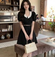 Ensemble 2 pièces pour femmes, haut court à col en dentelle et manches bouffantes, jupe mini, ensemble 2 pièces pour femmes, tenue élégante décontractée, OEM