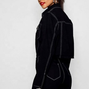 New Fancy Women Chic Wholesale Cropped <strong>Black</strong> Plain <strong>Jean</strong> <strong>Jackets</strong> - Product Image 2