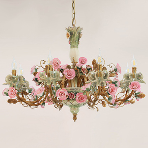 Jewellerytop pháp Rococo Brass Đèn sang trọng màu hồng hoa gốm treo ánh sáng mặt dây chuyền đèn chùm - Product Image 3