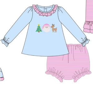 Conjunto navideño para niñas, Top azul de manga larga, pantalones con volantes y rayas rosas, ropa para hermanos - Product Image 4