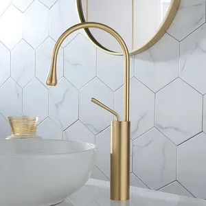 Luxury Modern High Tall Body Sink Tap Brushed Rose Gold Golden Brass Copper Hand Wash Basin Taps Water Mixer Bathroom Faucet