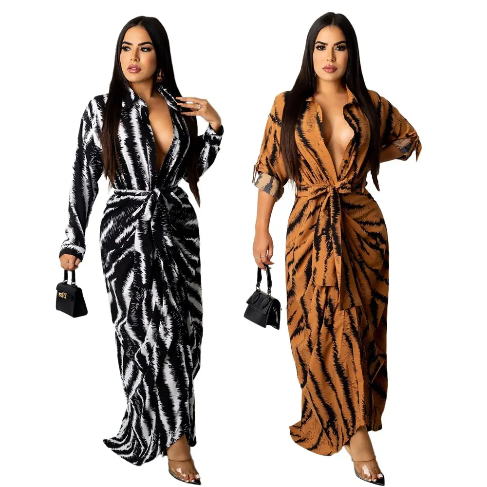 New Arrival Plus Size Women Clothing Long Sleeve V Neck Leopard Printed Sexy Maxi Shirt Dress For Summer