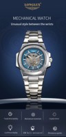 Montre mécanique automatique pour homme LONGLUX, montres de luxe, étanches, squelette, affaires, vente en gros bon marché, acier inoxydable, montre cadeau