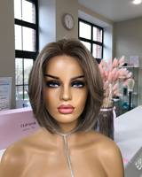 Perruque Courte Carré Pixie Brun Cendré avec Mèches sans Colle, Cheveux Humains Bruts d'Apparence Naturelle, Dentelle Transparente HD Frontale pour Femmes
