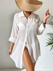 2024 moda Camiseta larga gasa blanca pareos botón Bikini cubrir señoras sólido traje <span class=keywords><strong>de</strong></span> <span class=keywords><strong>baño</strong></span> playa cubrir Ups para mujeres - Product Image 2