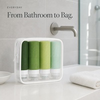 Kit de voyage 4 flacons de voyage en silicone souple vert sauge 100 ml avec bouchon à clapet et sac de rangement transparent pour bagage à main