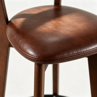 Tabouret de bar scandinave minimaliste en bois massif avec dossier à lattes, chaise de comptoir, coussin en cuir PU marron, base noire