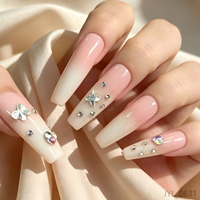 En gros, Faux ongles à presser longs forme cercueil, avec strass papillon 3D, dégradé rose nude, réutilisables, ensemble