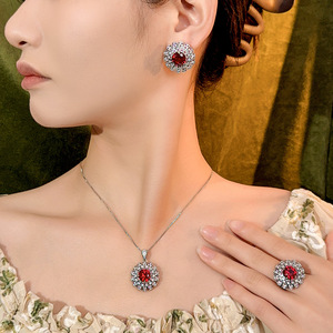 Elegant Fashion Eco-friendly Copper Silver Plated Round Cut 14-10mm Red Zircon Imitation <b>Ruby</b> <b>Necklace</b> 3 Piece Jewelry Set - Product Image 2