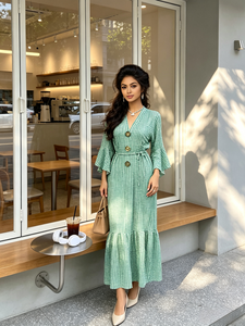 Abito Camicia Elegante <span class=keywords><strong>a</strong></span> Quadri con Bottoni e Colletto Aperto, Design Personalizzato, Gonna Casual da Donna <span class=keywords><strong>a</strong></span> Prezzo Conveniente - Product Image 4