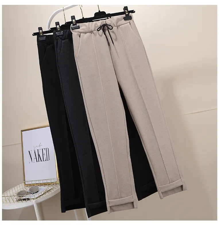 חדש 2019 סתיו חורף קוריאה אופנה נשים loose צמר הרמון מכנסיים גבוהה מותן מקרית ישר מכנסיים נקבה מכנסיים s156