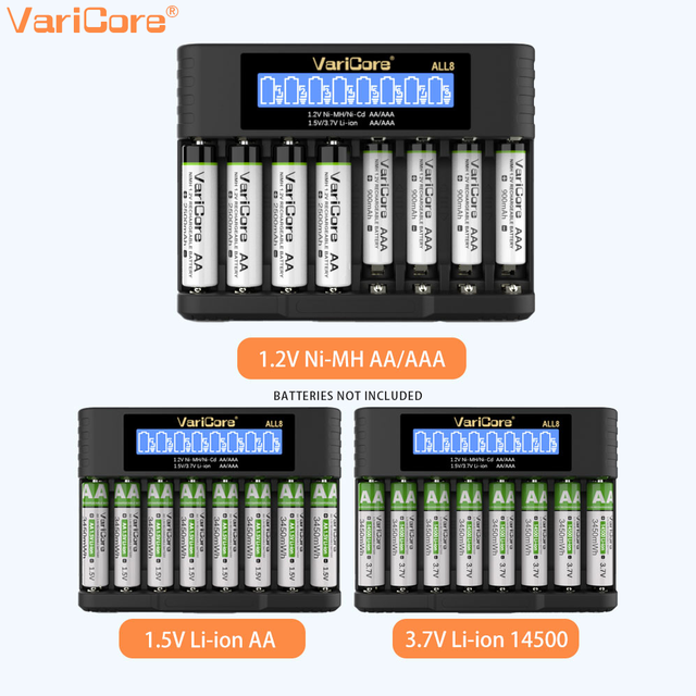 VariCore ALL8 1.2V Ni-MH Aa Battery Charger,  for 1.2V Ni-MH AA/AAA 1.5V Li Ion AA/AAA 3.7V Li Ion14500/10440