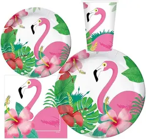 Flamingo Festa Suprimentos Servir Pacote de Festa para 30 convidados Pratos de Papel de Jantar 9" Pratos de Papel de Sobremesa 7" Copos de Papel 9 onças
