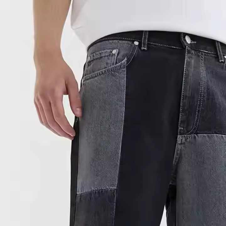 Streetwear Custom Two Tone Splicing Men's Jorts Vintage Stone Washed Baggy Straight Leg Denim Shorts