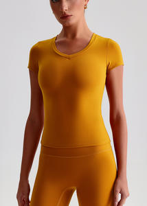 Color sólido V cuello camiseta gimnasio Top ropa deportiva manga corta Fitness Yoga camisa - Product Image 6