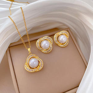 Elegant <strong>Bird</strong> <strong>Nest</strong> Pearl Necklace Set 18k <strong>Gold</strong> Plated Stainless Steel Hollow Design Full Diamond Chain for Women - Product Image 1