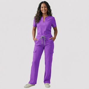 Women Hospital <b>Scrubs</b> <b>Set</b> V Neck Purple Moisture Wicking Split Uniform For Medical Beauty Salon Workwear - Product Image 1