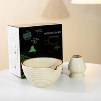 Ensemble fouet à matcha 2 pièces, bol à matcha professionnel en céramique avec bec verseur, support pour fouet en bambou, coffret cadeau noir