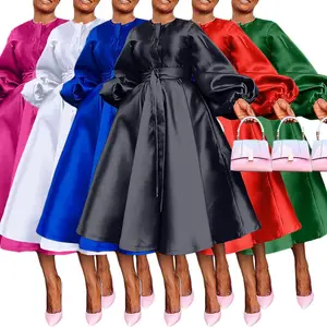 Pakaian wanita musim gugur 2023, kemeja Satin lengan balon berkancing longgar warna polos elegan