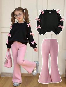 Giovani ragazze simpatiche <span class=keywords><strong>felpa</strong></span> con fiocco tinta unita e pantaloni a zampa stile per il tempo libero per viaggi estivi all'aperto e Set Casual da <span class=keywords><strong>bambina</strong></span> - Product Image 4