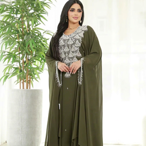 Women's Ethnic Lightweight Plus Size Floor-Length Hand Beaded <b>Sequined</b> Flared Hem Georgette High Neck Long Sleeve Solid Pattern - Product Image 1
