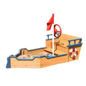 Juego al aire libre para niños, cajas de arena cubiertas de barco de arena pirata de madera con asiento de banco