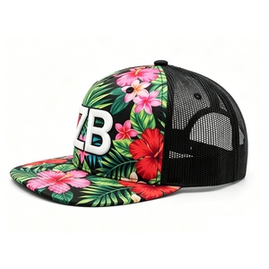 Custom 5 Panel Tropical Flower Trucker Hat Bulk <b>Flat</b> brim trucker hat Floral Print Mesh Trucker <b>Cap</b> for Gifts - Product Image 1