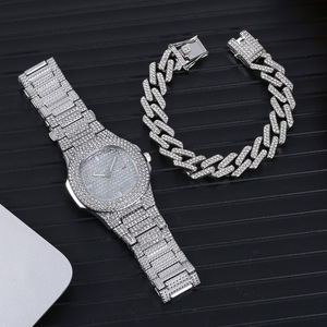 D-7-2083 Watch and Bracelet Set Set Di Orologi E <strong>Bracciali</strong> Set Di Orologi Da Uomo in Oro <strong>Argento</strong> Catena Cubana Collana Bracciale - Product Image 2