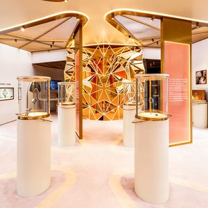 Vetrina in vetro lussuoso con cornice dorata, illuminazione LED, arco personalizzabile e resistente - Product Image 2