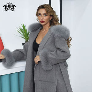 Pelliccia di volpe di Inverno Del Collare Giacca Con Cintura Vestiti di Cachemire Del Collare Reale della Pelliccia Delle Signore del Cachemire Cappotto di Trincea - Product Image 3