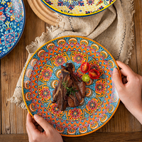 Ensemble d'assiettes en céramique de style bohème, motif ethnique coloré, assiette à dîner, assiette à fruits, assiette à steak, assiette à pâtes pour la décoration de la table de la cuisine à la maison