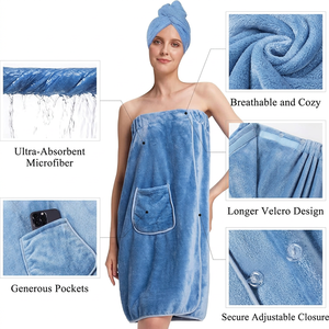 Robe de bain en polaire corail bleue hypoallergénique pour femme adulte, couleur unie, rectangulaire, lavable en machine, pour usage SPA - Product Image 2