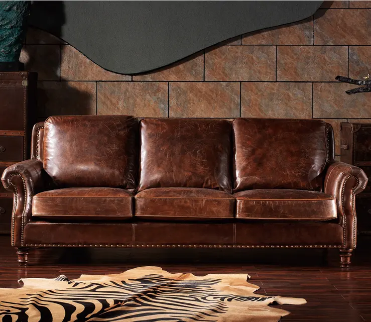 Sofá de cuero usado de estilo europeo, mueble de esquina interior del hogar, juego de sofá de cuero de madera calentado