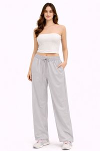 Pantaloni a Vita Alta a Gamba Larga in Tinta Unita, Lunghezza Intera, Vita Elastica, in Spandex e Poliestere, Abbigliamento Sportivo Casual da Donna - Product Image 3